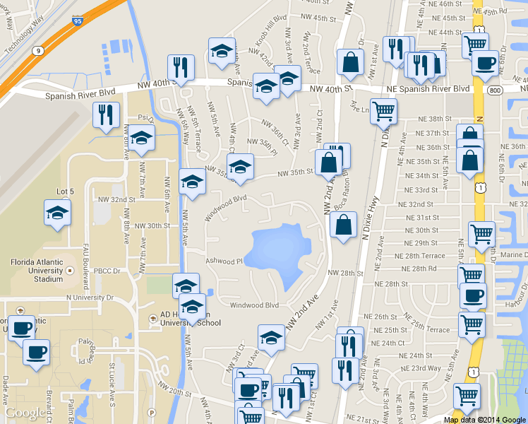 map of restaurants, bars, coffee shops, grocery stores, and more near 3171 Leewood Terrace in Boca Raton