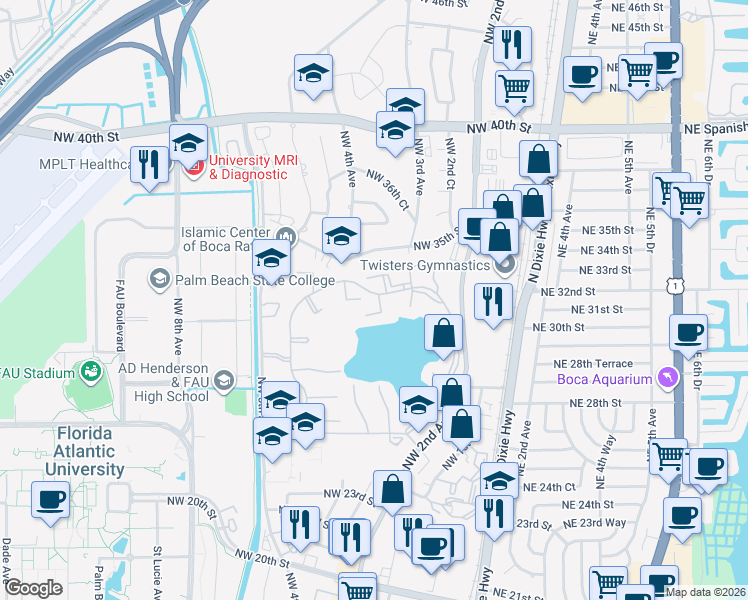 map of restaurants, bars, coffee shops, grocery stores, and more near 3171 Leewood Terrace in Boca Raton