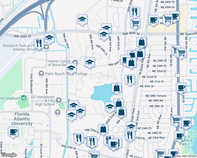 map of restaurants, bars, coffee shops, grocery stores, and more near 3171 Leewood Terrace in Boca Raton
