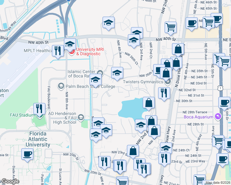 map of restaurants, bars, coffee shops, grocery stores, and more near 3355 Jaywood Terrace in Boca Raton