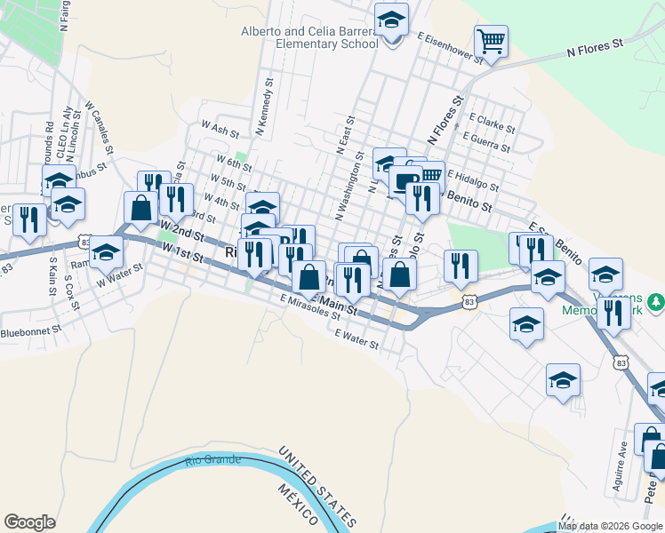 map of restaurants, bars, coffee shops, grocery stores, and more near 405 East 2nd Street in Rio Grande City