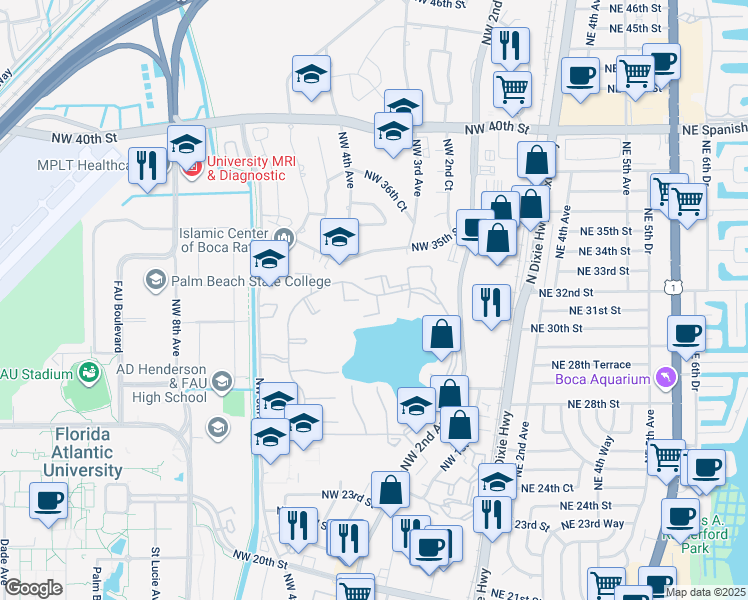 map of restaurants, bars, coffee shops, grocery stores, and more near 3171 Leewood Terrace in Boca Raton