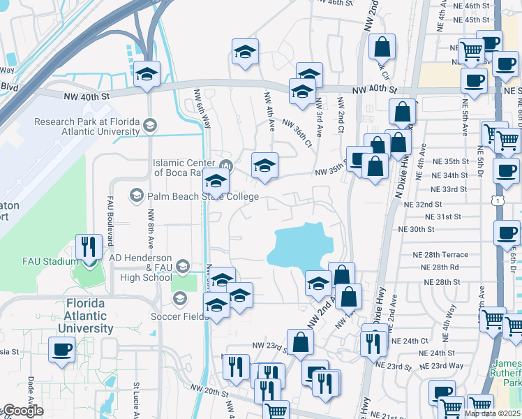 map of restaurants, bars, coffee shops, grocery stores, and more near 3325 Jaywood Terrace in Boca Raton