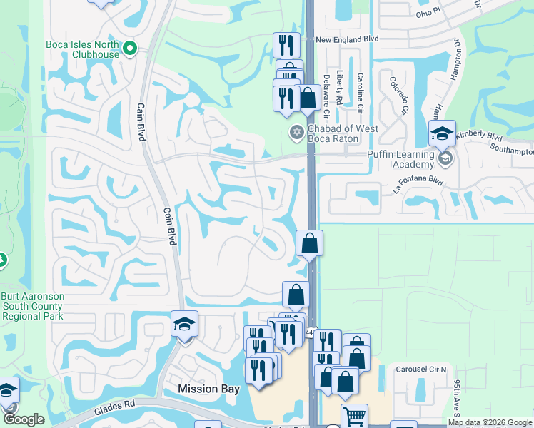 map of restaurants, bars, coffee shops, grocery stores, and more near 10065 Camelback Lane in Boca Raton