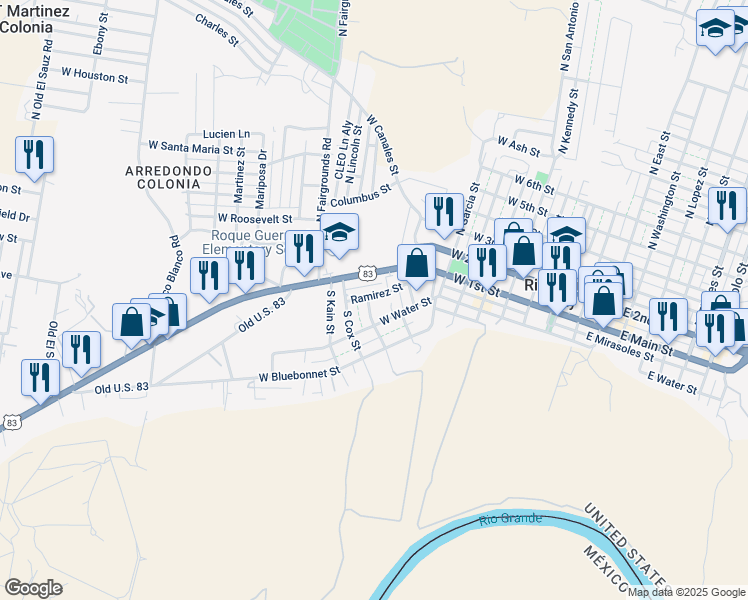 map of restaurants, bars, coffee shops, grocery stores, and more near 111 South Cox Street in Rio Grande City