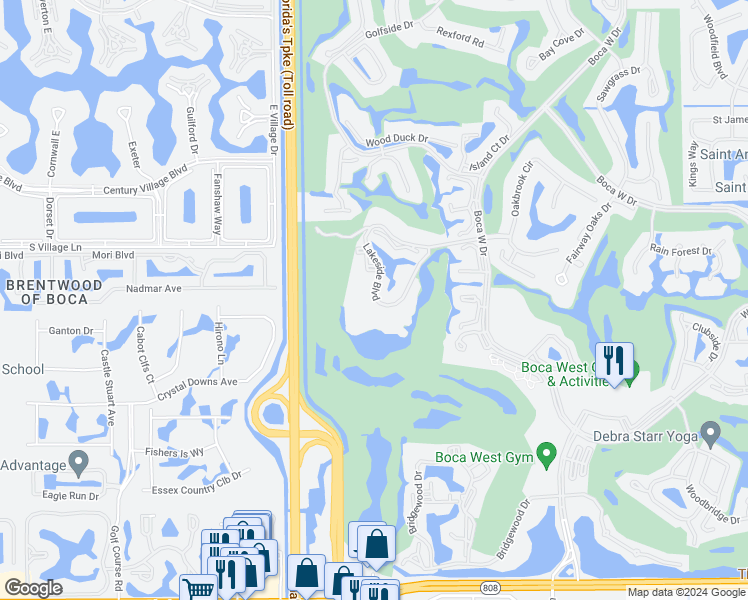 map of restaurants, bars, coffee shops, grocery stores, and more near 7786 Lakeside Boulevard in Boca Raton
