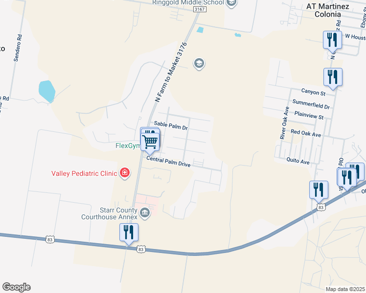 map of restaurants, bars, coffee shops, grocery stores, and more near 2431 Sentry Palm Drive in Rio Grande City