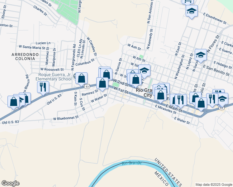 map of restaurants, bars, coffee shops, grocery stores, and more near 402 West Water Street in Rio Grande City