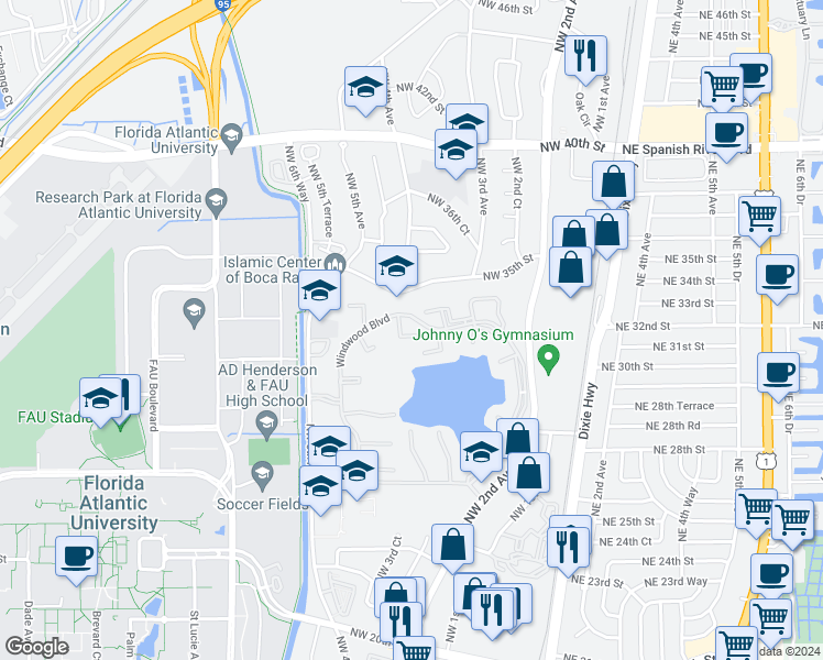 map of restaurants, bars, coffee shops, grocery stores, and more near 3325 Jaywood Terrace in Boca Raton