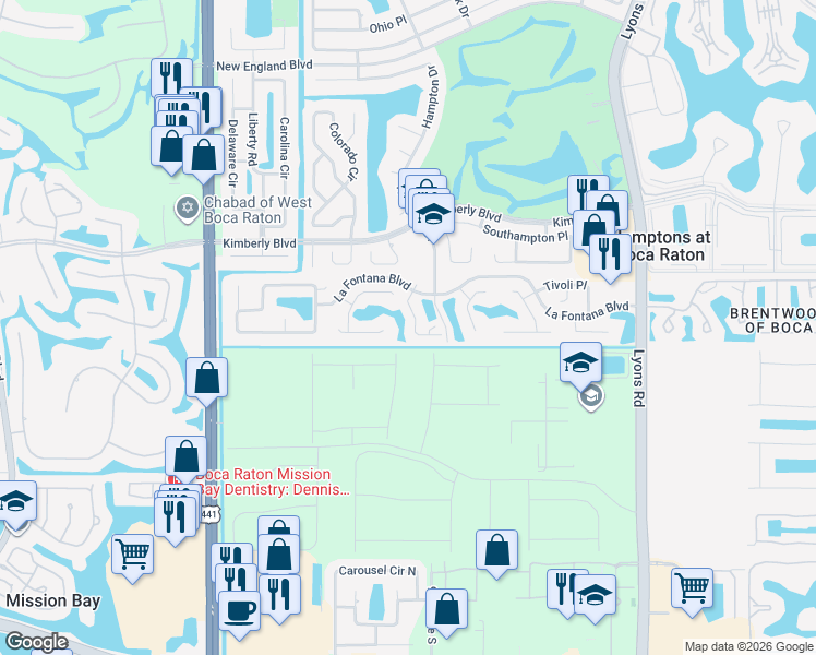 map of restaurants, bars, coffee shops, grocery stores, and more near 19947 Villa Lante Place in Boca Raton