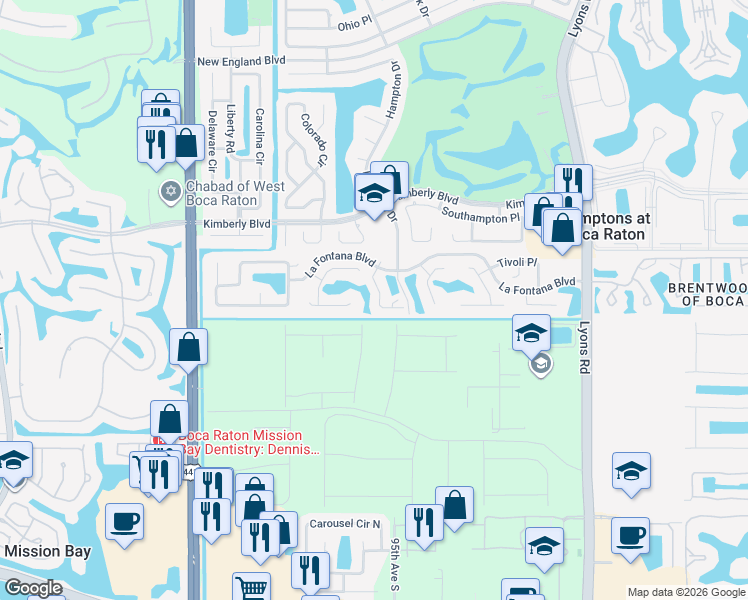 map of restaurants, bars, coffee shops, grocery stores, and more near 19947 Villa Lante Place in Boca Raton