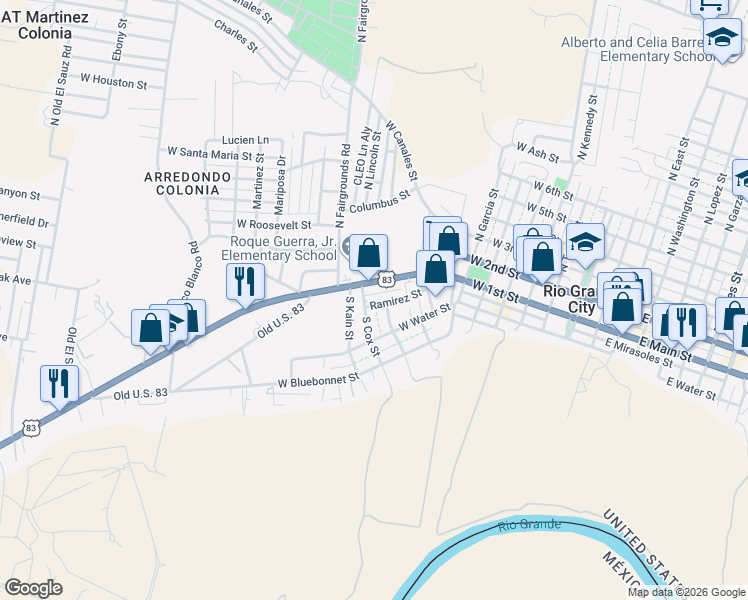 map of restaurants, bars, coffee shops, grocery stores, and more near 804 West Main Street in Rio Grande City