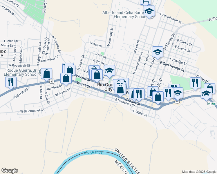 map of restaurants, bars, coffee shops, grocery stores, and more near in Rio Grande City