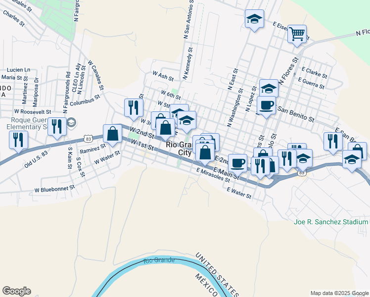 map of restaurants, bars, coffee shops, grocery stores, and more near in Rio Grande City