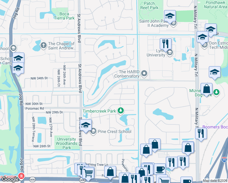 map of restaurants, bars, coffee shops, grocery stores, and more near 3350 Northwest 24th Terrace in Boca Raton
