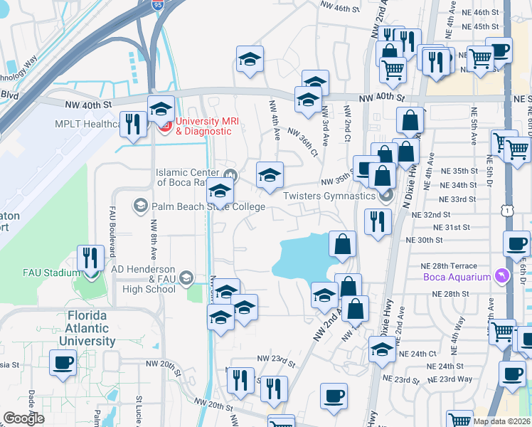 map of restaurants, bars, coffee shops, grocery stores, and more near 3375 Jaywood Terrace in Boca Raton