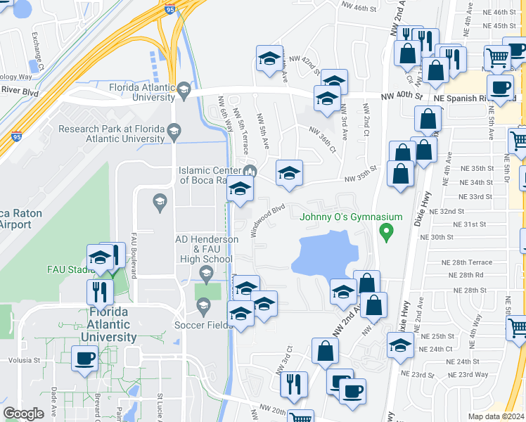 map of restaurants, bars, coffee shops, grocery stores, and more near 3105 Kingswood Terrace in Boca Raton