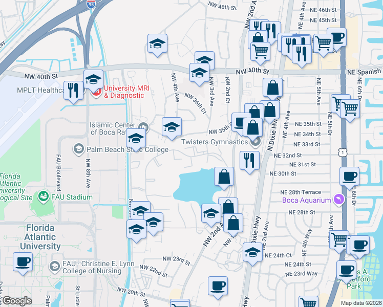 map of restaurants, bars, coffee shops, grocery stores, and more near 3149 Millwood Terrace in Boca Raton