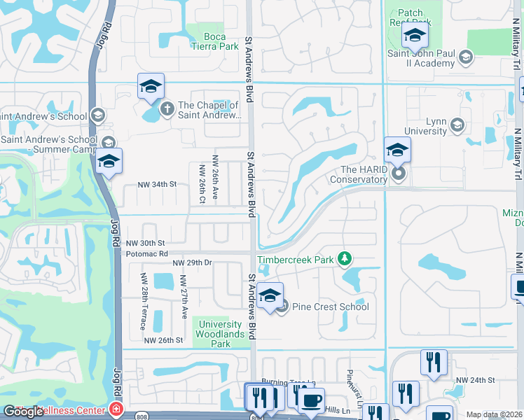 map of restaurants, bars, coffee shops, grocery stores, and more near 2501 Northwest 32nd Street in Boca Raton