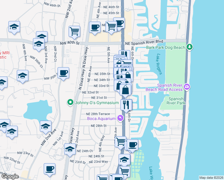 map of restaurants, bars, coffee shops, grocery stores, and more near 3252 Northeast 5th Drive in Boca Raton