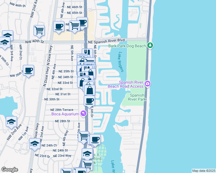 map of restaurants, bars, coffee shops, grocery stores, and more near 806 Northeast 33rd Street in Boca Raton