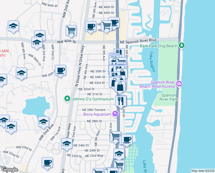 map of restaurants, bars, coffee shops, grocery stores, and more near 3252 Northeast 5th Drive in Boca Raton