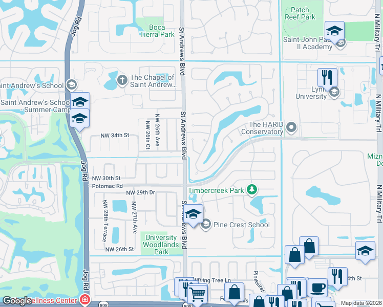 map of restaurants, bars, coffee shops, grocery stores, and more near 2501 Northwest 32nd Street in Boca Raton