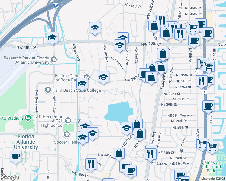 map of restaurants, bars, coffee shops, grocery stores, and more near 3130 Millwood Terrace in Boca Raton