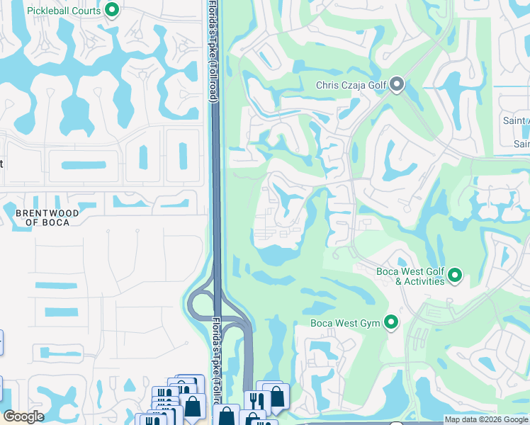 map of restaurants, bars, coffee shops, grocery stores, and more near 7754 Lakeside Boulevard in Boca Raton