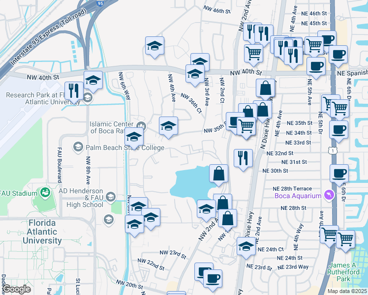 map of restaurants, bars, coffee shops, grocery stores, and more near 3130 Millwood Terrace in Boca Raton
