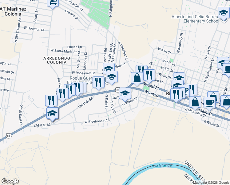 map of restaurants, bars, coffee shops, grocery stores, and more near 804 West Main Street in Rio Grande City