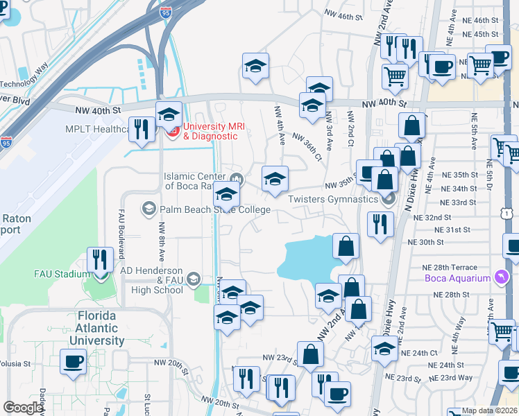 map of restaurants, bars, coffee shops, grocery stores, and more near 3149 Kingswood Terrace in Boca Raton