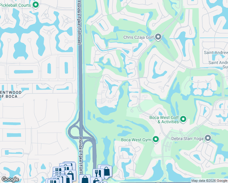 map of restaurants, bars, coffee shops, grocery stores, and more near 7735 Lakeside Boulevard in Boca Raton