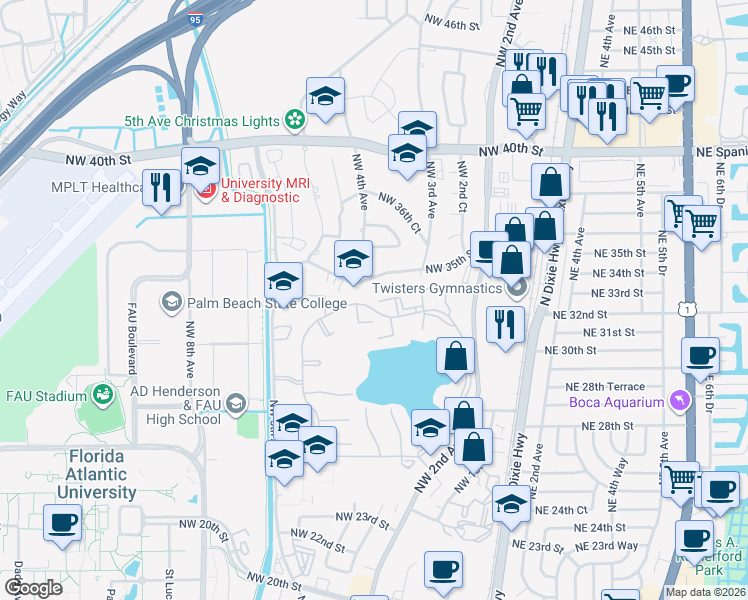 map of restaurants, bars, coffee shops, grocery stores, and more near 3130 Millwood Terrace in Boca Raton