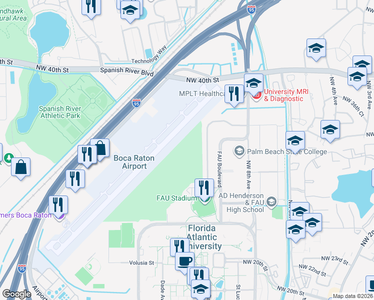 map of restaurants, bars, coffee shops, grocery stores, and more near Palm Beach Avenue in Boca Raton