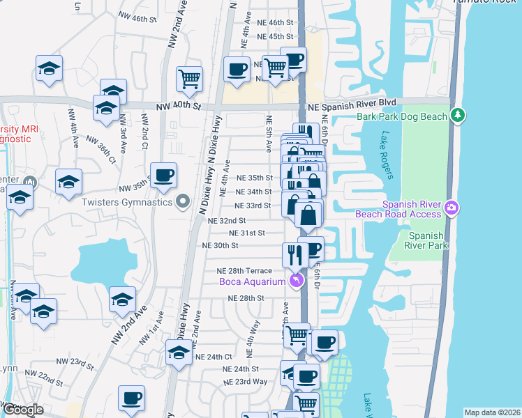 map of restaurants, bars, coffee shops, grocery stores, and more near 484 Northeast 33rd Street in Boca Raton