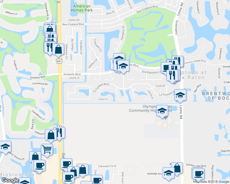 map of restaurants, bars, coffee shops, grocery stores, and more near 19903 Villa Lante Place in Boca Raton