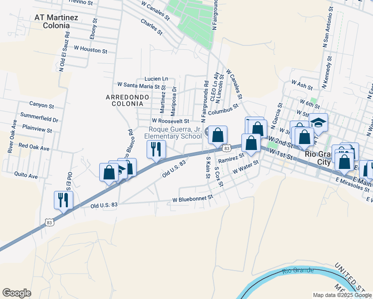 map of restaurants, bars, coffee shops, grocery stores, and more near 116 Hermosa Drive in Rio Grande City