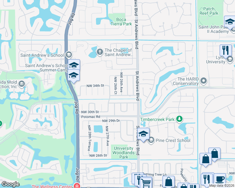 map of restaurants, bars, coffee shops, grocery stores, and more near 2639 Northwest 32nd Street in Boca Raton