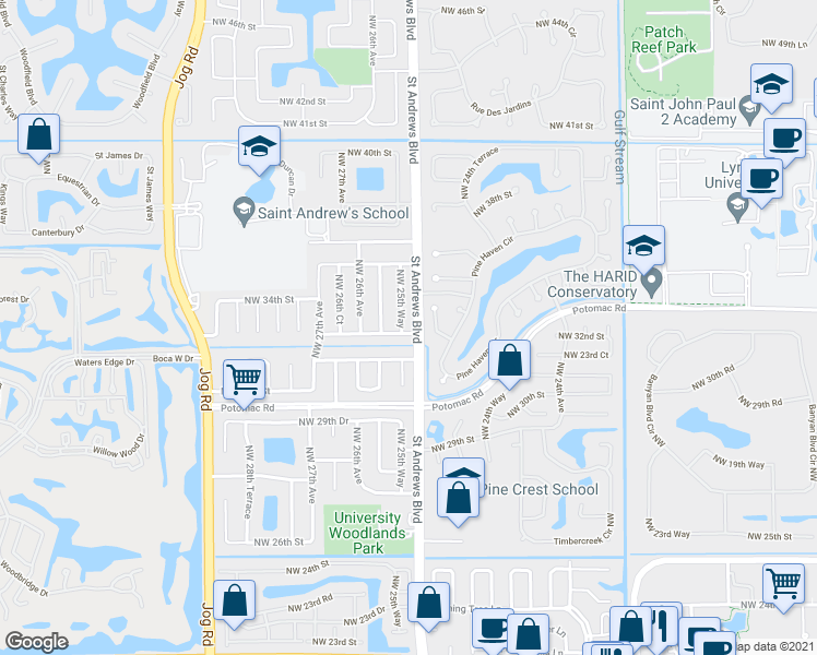 map of restaurants, bars, coffee shops, grocery stores, and more near 2501 Northwest 32nd Street in Boca Raton