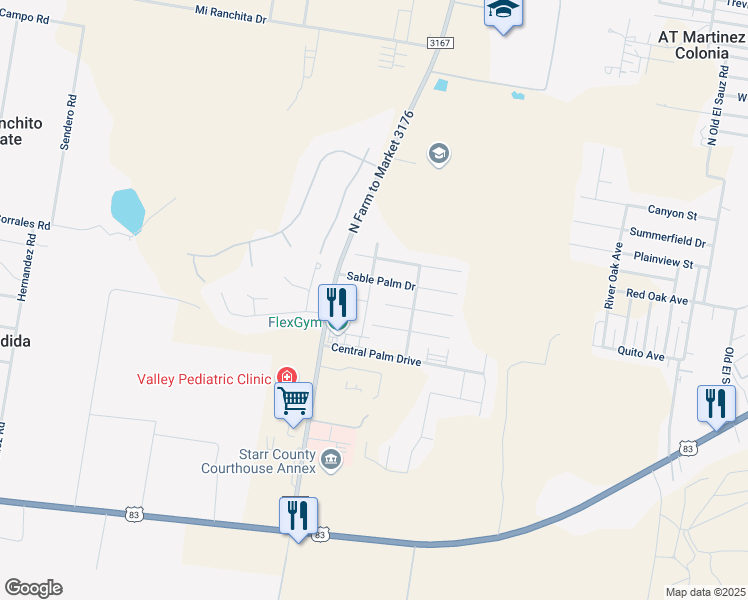 map of restaurants, bars, coffee shops, grocery stores, and more near 106 Mediterranean Palm Drive in Rio Grande City