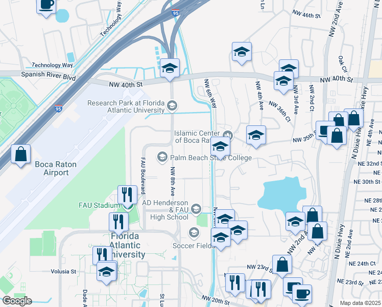 map of restaurants, bars, coffee shops, grocery stores, and more near 3231 Northwest 7th Avenue in Boca Raton