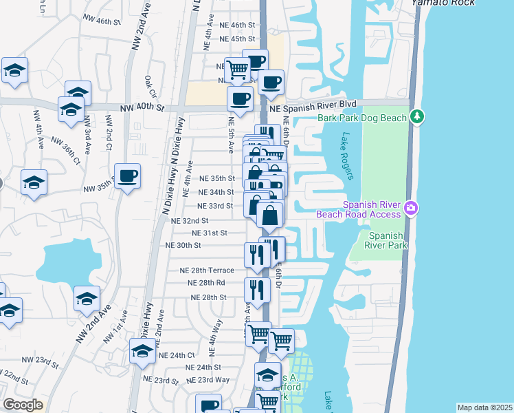 map of restaurants, bars, coffee shops, grocery stores, and more near 3252 Northeast 5th Drive in Boca Raton