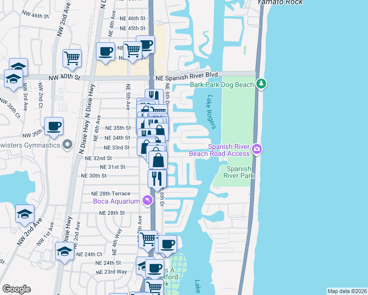 map of restaurants, bars, coffee shops, grocery stores, and more near 806 Northeast 33rd Street in Boca Raton