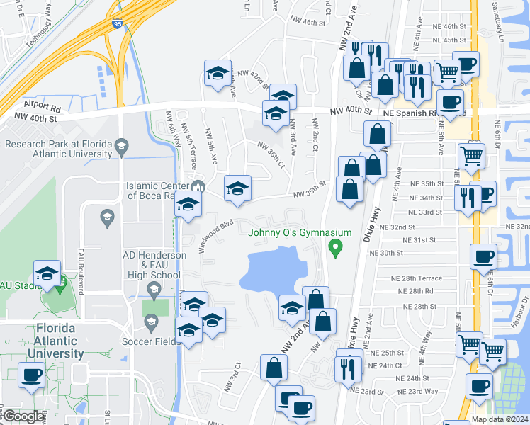 map of restaurants, bars, coffee shops, grocery stores, and more near 3149 Millwood Terrace in Boca Raton