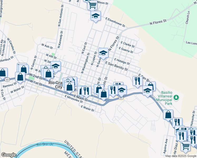 map of restaurants, bars, coffee shops, grocery stores, and more near 408 North Flores Street in Rio Grande City