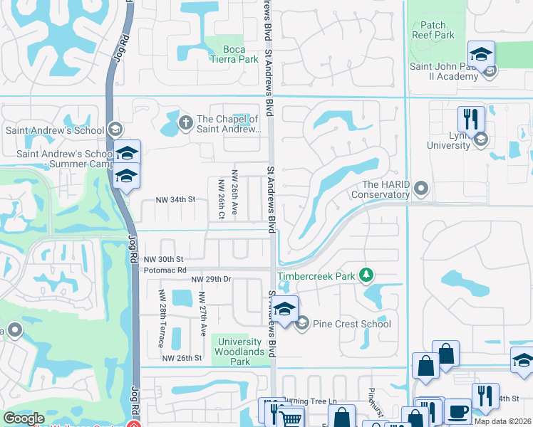 map of restaurants, bars, coffee shops, grocery stores, and more near 2501 Northwest 32nd Street in Boca Raton