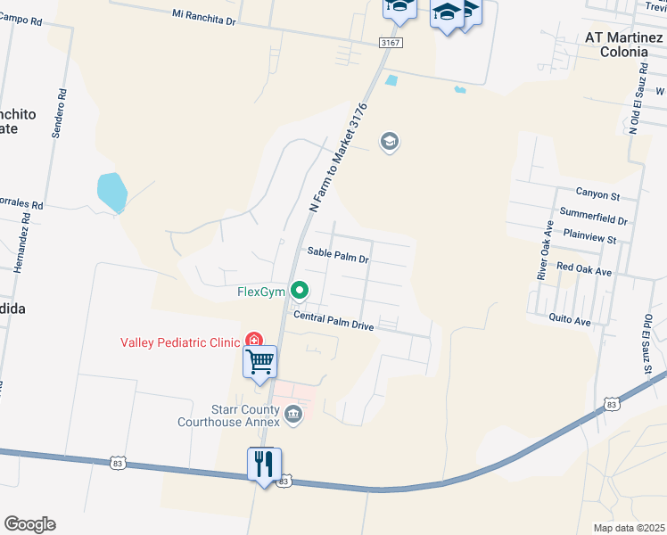 map of restaurants, bars, coffee shops, grocery stores, and more near 106 Mediterranean Palm Drive in Rio Grande City