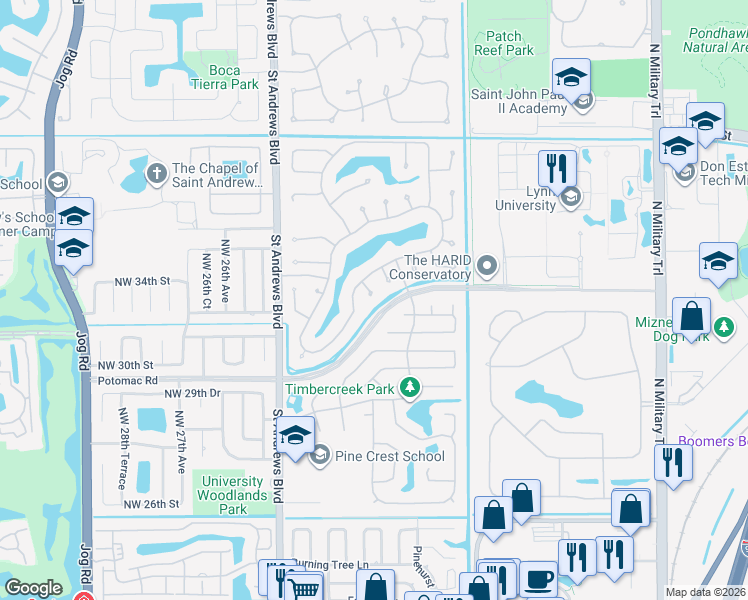 map of restaurants, bars, coffee shops, grocery stores, and more near 3350 Northwest 24th Terrace in Boca Raton