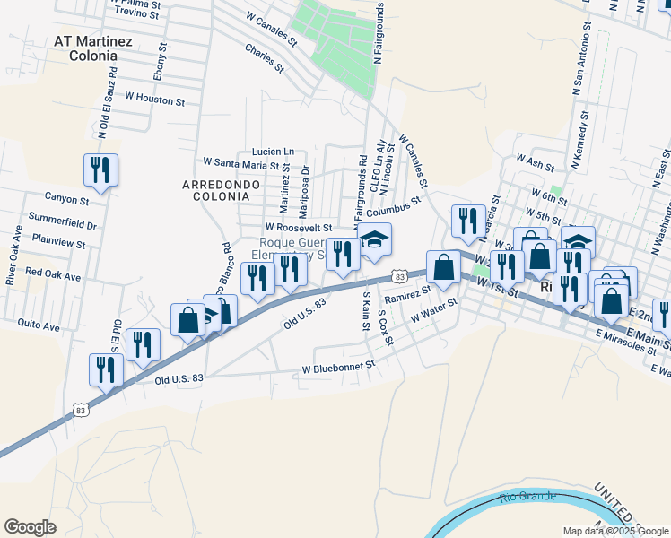 map of restaurants, bars, coffee shops, grocery stores, and more near 116 Hermosa Drive in Rio Grande City